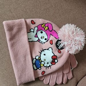 Hello Kitty Pink Pom-Pom Beanie and Gloves
